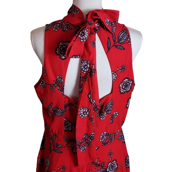 Eliza J Red Floral Print Mini Dress Size 14 Mock Neck Open Back Bow Feminine - Picture 6 of 15
